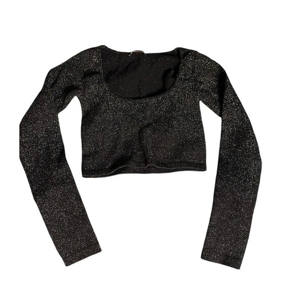 Zara Black Silver Metallic XS Cropped Scoop Neck Long Sleeve Y2K Glam Top - Picture 1 of 6